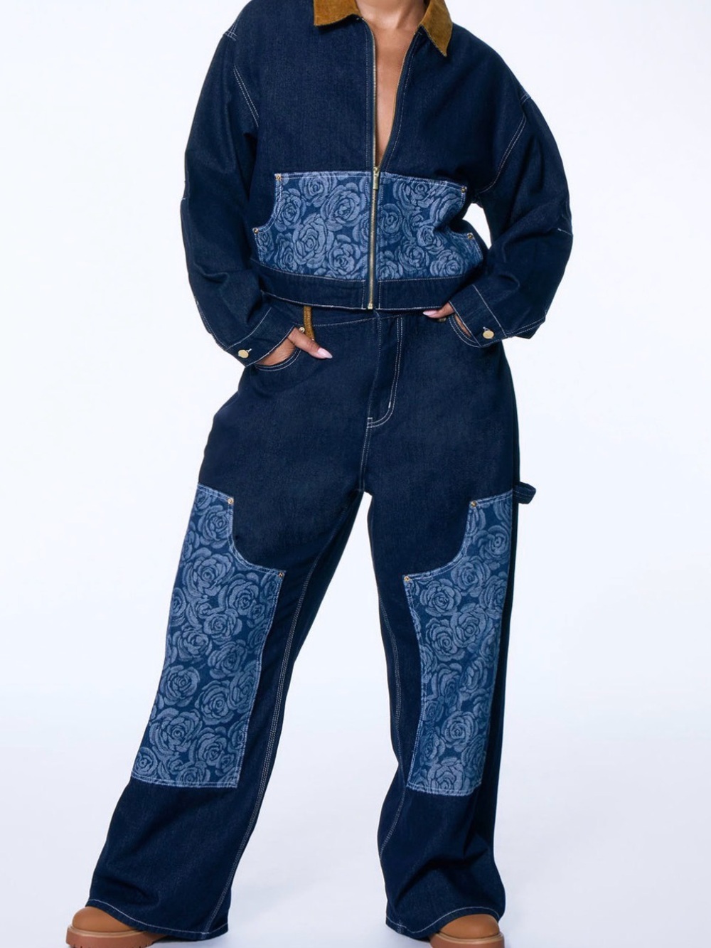 Women's Dark Blue Denim Jeans with Floral Patch Detail